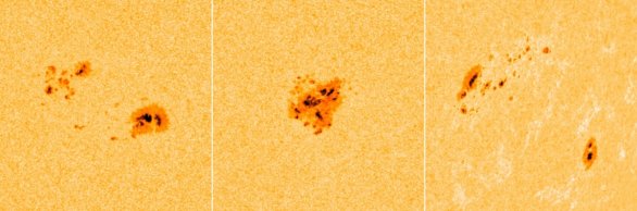 Detaily aktivních oblastí na povrchu Slunce 15. 8. 2022. Vlevo AR 13081, uprostřed 13078 a vpravo dvojice 13079 a 13074. Autor: NASA/SDO/HMI