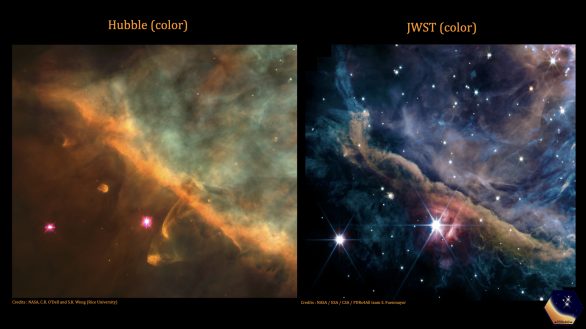 V porovnání snímku Hubbleova vesmírného dalekohledu se snímkem dalekohledu Jamese 
Webba můžeme dobře odlišit, jak je infračervené záření, ve kterém se dívá JWST, prostupnější oblaky prachu v mlhovině, oproti záření viditelnému na snímku HST. Autor: NASA/ESA/CSA/Rice University/PDRs4All Team