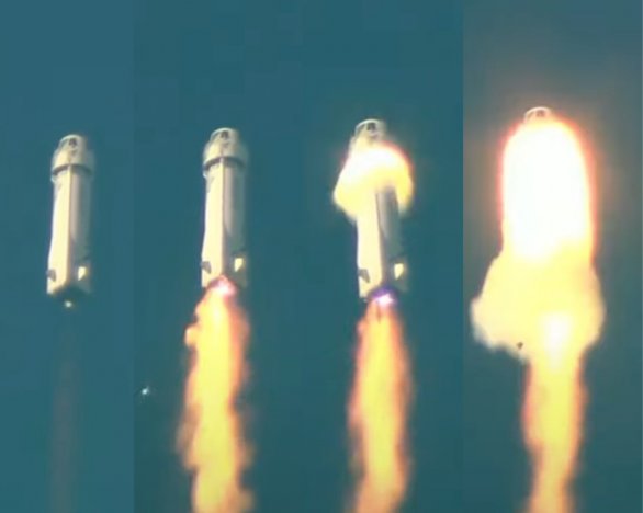 Sekvence snímků z videa startu mise NS-23 ukazuje selhání motoru rakety a nouzový odlet kabiny kosmické lodi New Shepard Autor: Blue Origin