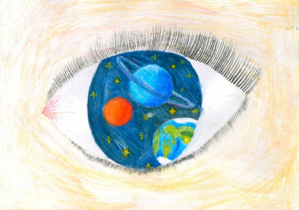 Obrázek „Pohled na vesmír“ Terezy Rekové
(1. místo v kategorii výtvarné dílo soutěžících do 12 let)