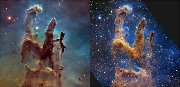 Srovnání snímku známých Pilířů stvoření v mlhovině M16 z vesmírných dalekohledů HST (vlevo, viditelný obor spektra, ACS) a JWST (vpravo, blízký infračervený obor, NIRCam) Autor: NASA, ESA, CSA, STScI; J. DePasquale, A. Koekemoer, A. Pagan (STScI)