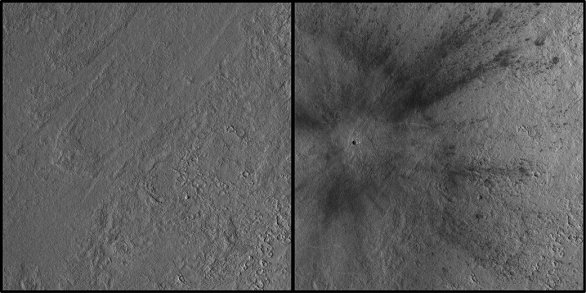 Kráter po dopadu meteoroidu byl nalezen na černobílém snímku přístroje Context Camera (přístroj snímá širší oblasti povrchu černobíle a úzký pás barevně). Ukazuje, jak vypadala oblast v Amazonis Planitia před dopadem a po dopadu. Autor: NASA/JPL-Caltech/MSSS