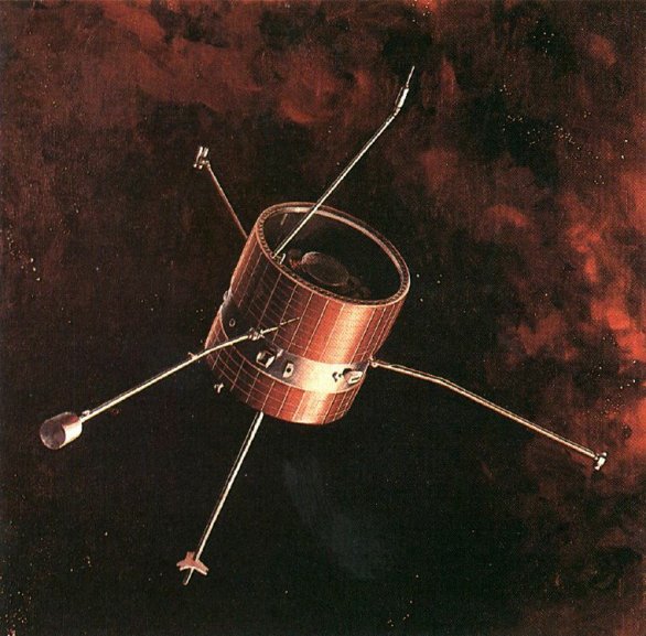 Pioneer 6, 7, 8 a 9 byly sondy jednoduchého válcovitého tvaru. Kresba NASA Autor: Wikimedia Commons