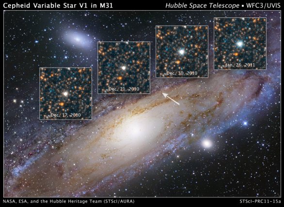 Proměnná cefeida V1 v M31 na snímcích Hubbleova vesmírného dalekohledu Autor: NASA/ESA/STScI/AURA