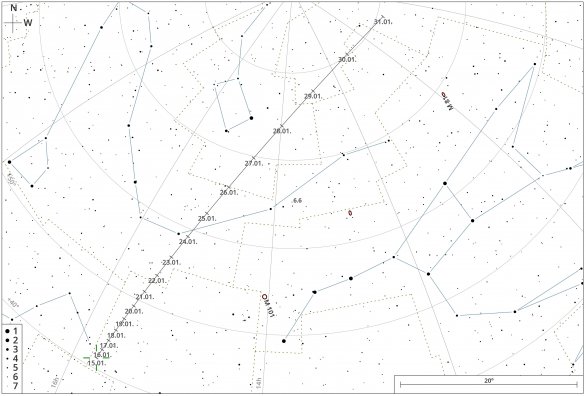 Vyhledávací mapka pro kometu C/2022 E3 (ZTF) v období od 15. ledna do 31. ledna 2023 Autor: Vladimír Dvořák/CZSky