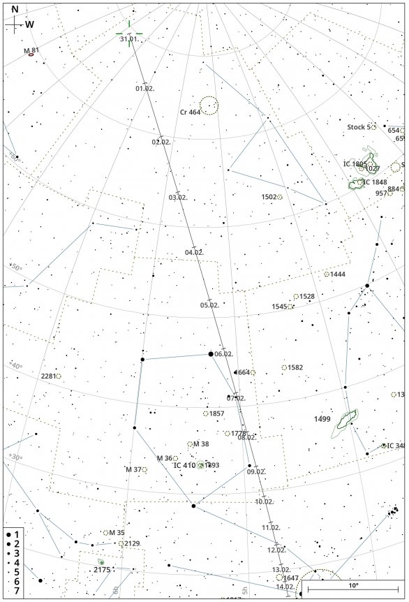 Vyhledávací mapka pro kometu C/2022 E3 (ZTF) v období od 31. ledna do 14. února 2023 Autor: Vladimír Dvořák/CZSky