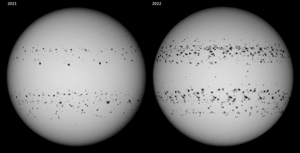 Koláž sluneční aktivity v letech 2021 a 2022 Autor: Patricio Leon