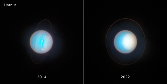 Fotografie Uranu pořízené Hubbleovým dalekohledem v letech 2014 a 2022 Autor: NASA, ESA, STScI, Amy Simon (NASA-GSFC), Michael H. Wong (UC Berkeley), zpracování Joseph DePasquale Fotografie Uranu pořízené Hubbleovým dalekohledem v letech 2014 a 2022 Autor: NASA, ESA, STScI, Amy Simon (NASA-GSFC), Michael H. Wong (UC Berkeley), zpracování Joseph DePasquale