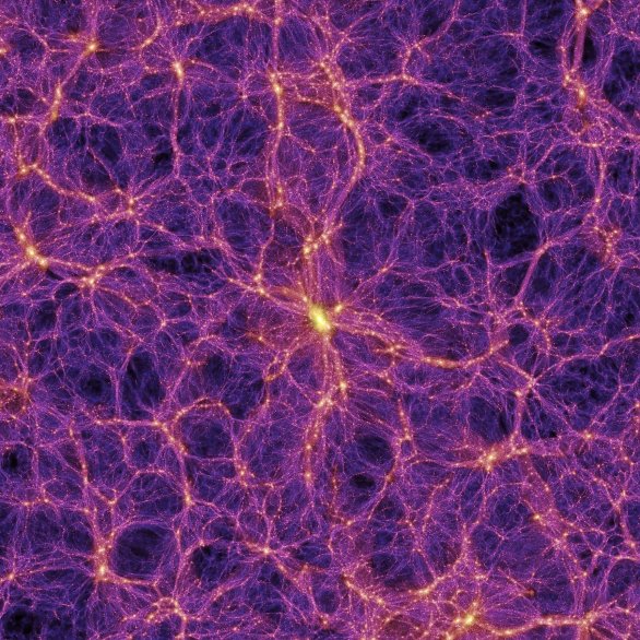 Simulace galaktických nadkup, jejichž struktury ovlivňuje skrytá hmota ve vesmíru. Umělecká představa Autor: Springel et al. (Virgo Consortium)