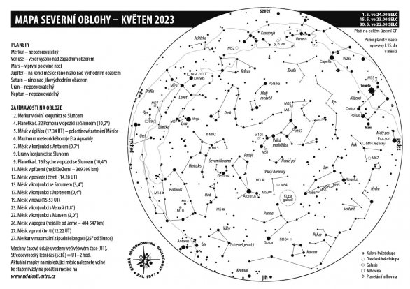 Mapa oblohy s úkazy v květnu 2023 Autor: Aleš Majer