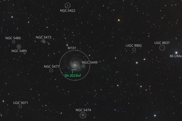 M101 a okolní objekty na snímku teleobjektivem Autor: Pavel Karas