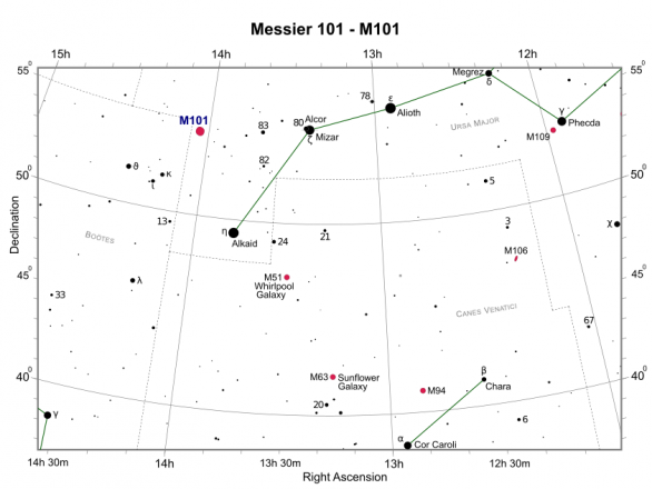 Mapa noční oblohy poblíž souhvězdí Velké medvědice s galaxií Větrník M101, ve které vybuchla nová supernova SN 2023ixf. Autor: freestarcharts.com