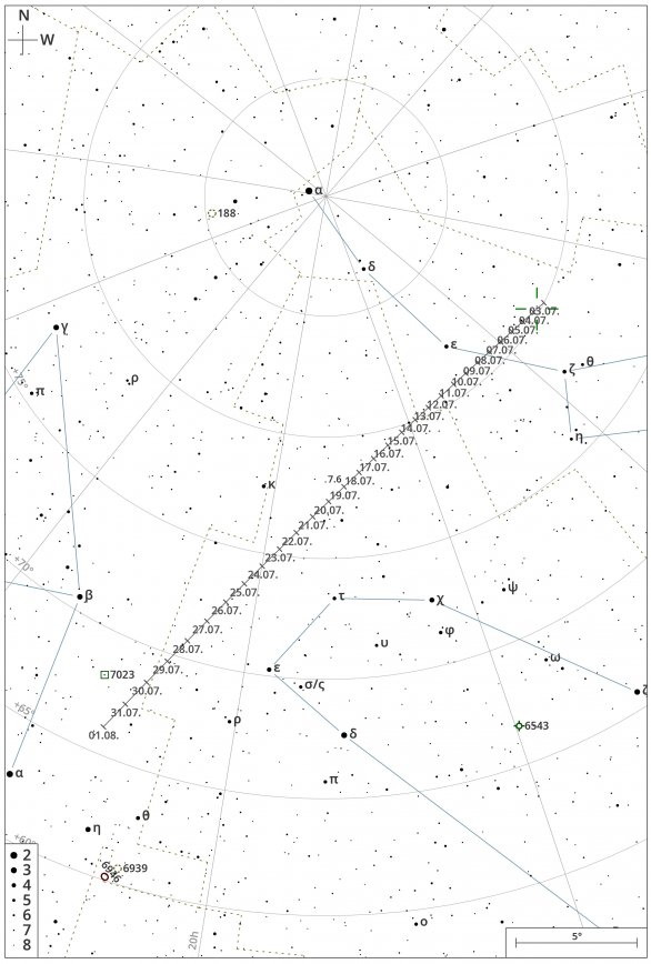 Náhledová mapka pro kometu C/2023 E1 (ATLAS) v průběhu července 2023 Autor: Vladimír Dvořák/CZSky