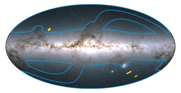 Části oblohy, které budou pokryty Euklidovým širokým (modrá) a hlubokým (žlutá) pozorováním Autor: ESA/Euclid