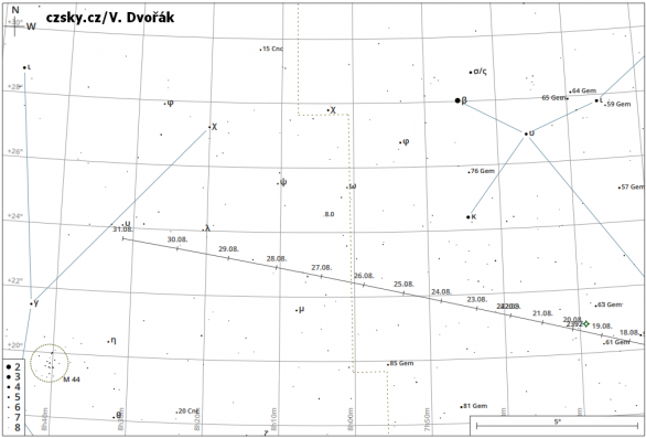 Mapka polohy komety C/2023 P1 (Nishimura) do konce srpna 2023 Autor: Czsky.cz/V. Dvořák