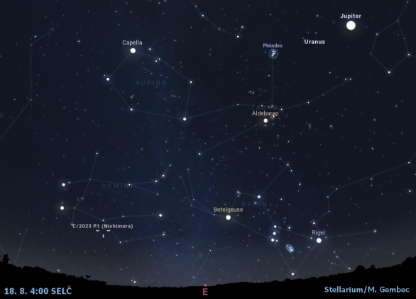 Kometa C/2023 P1 (Nishimura) v souhvězdí Blíženců 18. 8. 2023 Autor: Stellarium/Martin Gembec