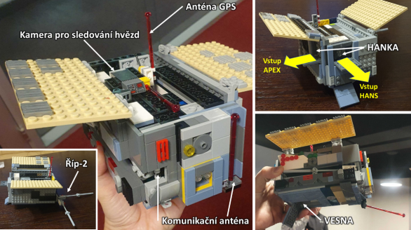 Říká se, že kdo si hraje, nezlobí. Tým připravující misi SLAVIA sestavil v rámci diskuze nad umístěním přístrojů tento model satelitu ze stavebnice LEGO. Ačkoliv jde na první pohled o pouhou zábavu, opak je pravdou. Model byl velmi důležitý pro další směřování architektury mise i konstrukce satelitů. Skutečný satelit bude vybaven buďto vstupem hmotnostního spektrometru HANKA ve směru APEX, tedy proti pohybu Země po orbitě (SLAVIA 1), nebo vstupem HANS (Helion-Antihelilon-Nothern-Southern Toroid, SLAVIA 2). Vstup kamery VESNA bude na spodní části satelitu v úhlu 27°. Anténní systém Říp-2 bude čnít do boku a vertikálně. Autor: Martin Ferus,  kredit ÚFCH JH AV ČR