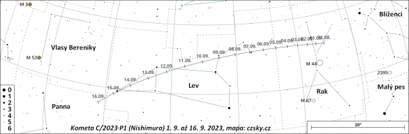 Mapka polohy komety C/2023 P1 (Nishimura) v první polovině září 2023 Autor: Czsky.cz/V. Dvořák