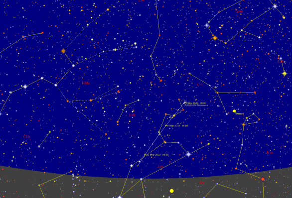 Viditelnost komety Nishimura na ranní obloze pro 6:00 SELČ. Autor: Jakub Černý