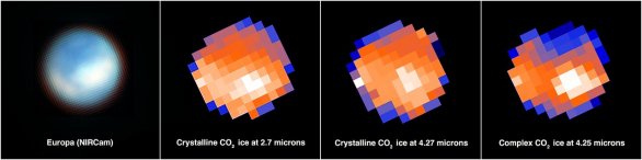 Na sérii obrázků vidíme snímky povrchu Europy z kamery NIRCam (Near Infrared Camera) a dále tři mapy dle měření přístroje NIRSpec/IFU (Near Infrared Spectrograph’s Integral Field Unit). Bílé pixely na třech kompozitních snímcích představují oxid uhličitý vyvržený z chaotické oblasti známé jako Tara Regio (uprostřed a vpravo) a částečně i z oblasti Powys Regio (vlevo). Na druhém a třetím obrázku vidíme krystalický oxid uhličitý, ale na čtvrtém je ve složitější amorfní podobě. Autor: NASA, ESA, CSA, G. Villanueva (NASA/GSFC), S. Trumbo (Cornell Univ.), A. Pagan (STScI)