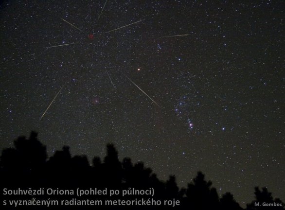 Kresba meteorů vyletujících z radiantu roje Orionid byla vytvořena ze skutečné fotografie souhvězdí Orionu a meteorů tohoto roje. Autor: Martin Gembec