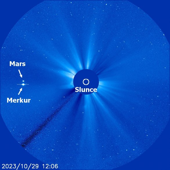 Konjunkce Marsu s Merkurem 29. 10. 2023 na snímku koronografu LASCO C3 observatoře SOHO Autor: NASA/ESA