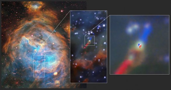 Disk a výtrysk v systému mladé hvězdy HH 1177 pohledem přístrojů MUSE a ALMA: Díky kombinaci schopností dalekohledu VLT (Very Large Telescope) a soustavy radioteleskopů ALMA (Atacama Large Millimeter/submillimeter Array), jejímž partnerem je ESO, byl pozorován disk kolem mladé hmotné hvězdy v jiné galaxii. Pozorování přístrojem MUSE (Multi Unit Spectroscopic Explorer) na dalekohledu VLT (vlevo) ukazují mateřský oblak LHA 120-N 180B, ve kterém byl tento systém (s označením HH 1177) poprvé pozorován. Snímek uprostřed ukazuje výtrysky (jety), které v systému vznikají. Horní část jetu směřuje mírně k nám a záření proto jeví modrý posuv; spodní se od nás vzdaluje, a jeví posuv červený. Pozorování z  ALMA (vpravo) pak odhalila rotující disk kolem hvězdy, logika zbarvení je podobná - opačné strany disku se pohybují směrem k nám nebo od nás.

Kredit:
ESO/ALMA (ESO/NAOJ/NRAO)/A. McLeod et al. Autor: ESO/ALMA (ESO/NAOJ/NRAO)/A. McLeod et al.