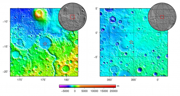Místa přistání sond MER. Vlevo Spirit, vpravo Opportunity. Podkladem je výšková mapa Marsu vytvořená pomocí laserového dálkoměru MOLA, který pracoval na marsovské družici MGS (Mars Global Surveyor). Autor: commons.wikimedia.org / NASA / Martin Pauer, Public Domain