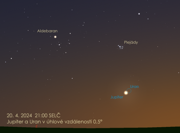 Jupiter a Uran ve vzájemném přiblížení nízko nad západním obzorem 20. dubna 2024 ve 21 hodin SELČ. Autor: Stellarium / Jan Veselý