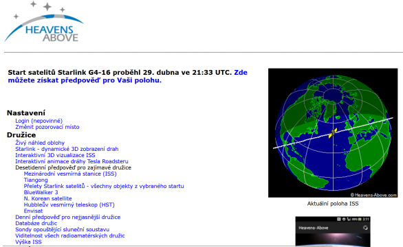 Úvodní obrazovka české verze webu Heavens-Above, na níž lze najít předpovědi přeletů družic nad pozorovacím stanovištěm, které uživatel zadá. Autor: Heavens-Above GmbH