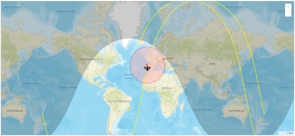 Záznam polohy českého nanosatelitu Planetum-1 dne 10. prosince 2023 v 15:32. Při pohledu z Planetária Praha, kde jej její domovské operační centrum, družice právě klesala za horizont. Autor: N2YO.com