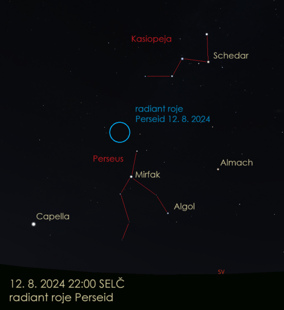 Poloha radiantu roje Perseid 12. srpna 2024 ve 22 hodin SELČ. Autor: Stellarium / Jan Veselý