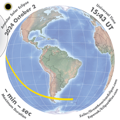 Průběh pásu anularity při zatmění Slunce 2. října 2024. Autor: Global Map Animation of Eclipse courtesy of Michael Zeiler (GreatAmericanEclipse.com) and Fred Espen