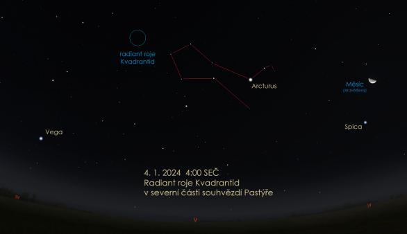 Poloha radiantu roje Kvadrantid 4. ledna 2024 ve 4 hodiny SEČ. Autor: Stellarium / Jan Veselý