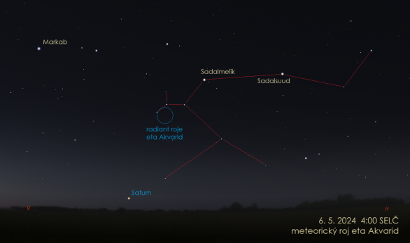 Maximum meteorického roje eta Akvarid připadá na noc z 5. na 6. květen 2024. Radiant vychází nad náš obzor až ve druhé polovině noci. Autor: Stellarium / Jan Veselý
