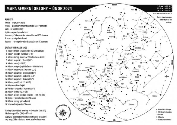 Mapa oblohy s úkazy v únoru 2024 Autor: Aleš Majer