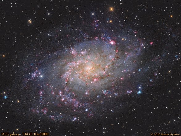 Galaxie M33 v Trojúhelníku je členem tzv. Místní skupiny galaxií společně se známou M31 v Andromedě. Je vzdálena asi 2,73 milionů světelných roků. Mlhovina NGC 604 je výrazný červený oblak v horním rameni pod dvěma oranžovými hvězdami. Autor: Martin Myslivec