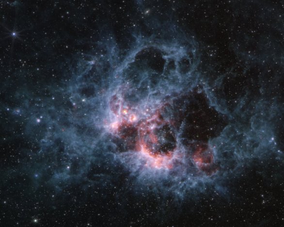 Fotografie oblasti NGC 604 z přístroje MIRI. Snímek ukazuje mračna mlhoviny ve středních infračervených vlnových délkách. Autor: ESA/JWST