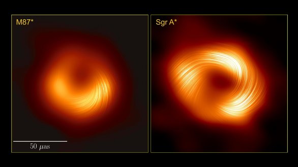 Porovnání snímků M87* a Sgr A* zachycených v polarizovaném světle. Vidíme, že magnetická pole mají podobné struktury a to přesto, že jsou díry velikostně a hmotnostně naprosto odlišné. Autor: EHT Collaboration
