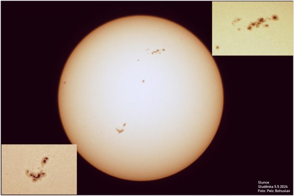 Slunce a dvě aktivní oblasti se skvrnami 5. 5. 2024 Autor: Bohuslav Pelc