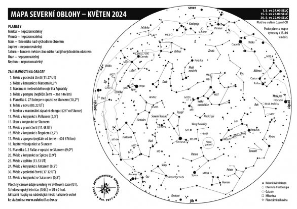 Mapa noční oblohy s úkazy v květnu 2024 Autor: Klub astronomů Liberecka