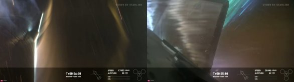 Pohled na obě křidélka Starship při průletu atmosférou během mise IFT 4 dne 6. 6. 2024. Vlevo pohled z kamery na horním křidélku směrem dolů, vpravo pohled vzhůru na křidélko, které se později zčásti odtavilo. Autor: SpaceX