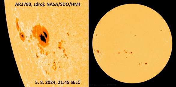 Skvrny v aktivní oblasti AR3780 na snímku SDO 5. 8. 2024. Magnetické pole této oblasti je velmi složité a nabízí tedy potenciál k velmi silným erupcím. Jednu takovou už zaznamenala evropská sonda Solar Orbiter v době, kdy byla skvrna na odvrácené polokouli Slunce (vůči Zemi). Sonda měla dokonalý výhled a erupce byla označena jako X14. Podobná by způsobila nejen velmi jasné polární záře, ale může také ohrozit družice a rozvodné sítě. Uvidíme, zda se předvede tímto způsobem i nyní, kdy se pomalu natáčí k Zemi. 5. 8. zde nastala erupce X1.5. Autor: NASA/SDO/HMI