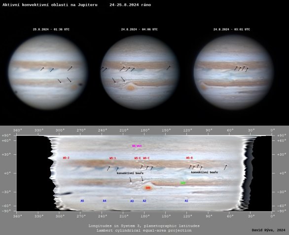 Pohled na povrch Jupiteru a jeho bouřkové systémy v srpnu 2024 Autor: David Rýva