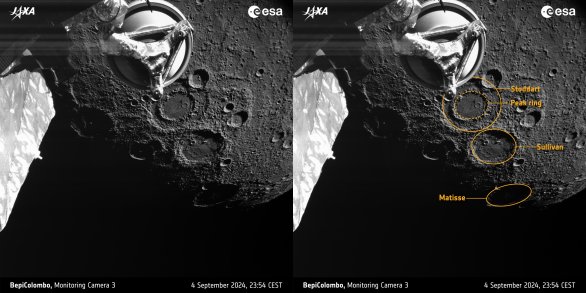 Záběr ze čtvrtého průletu BepiColombo kolem Merkuru. Inženýrská kamera Mercury Transfer Module’s monitoring camera 3 (M-CAM 3) zabrala nově nazvaný kráter Stoddart v době, kdy byla 555 km nad povrchem Merkuru. Autor: ESA/BepiColombo/MTM