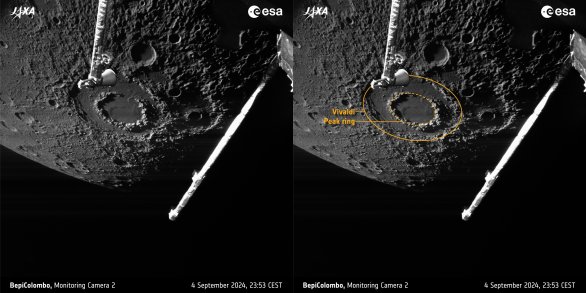 Záběru inženýrské kamery Mercury Transfer Module’s monitoring camera 2 (M-CAM 2) pořízenému během čtvrtého průletu BepiColombo kolem Merkuru 4. 9. 2024 ve 23:53 SELČ dominuje kráter Vivaldi s krásnou prstencovitou strukturou hor uvnitř. Sonda byla v době snímání 355 km nad povrchem planety. Autor: ESA/BepiColombo/MTM