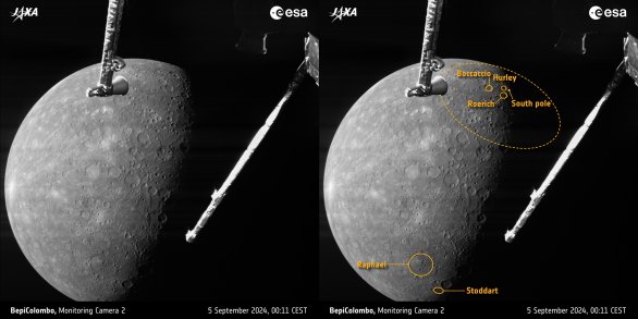 Poté, co sonda BepiColombo minula počtvrté Merkur, pořídila inženýrská kamera Mercury Transfer Module’s monitoring camera 2 (M-CAM 2) tento snímek, kde je poprvé dobře vidět i jižní pól planety. Autor: ESA/BepiColombo/MTM