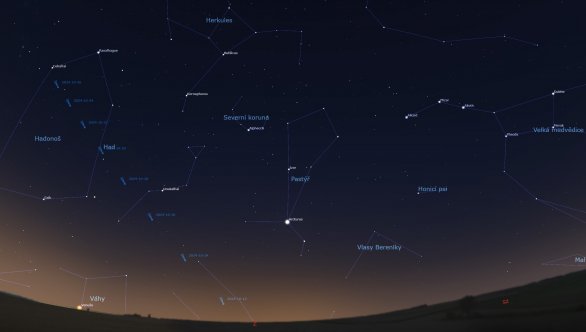 Na přehledové mapce vidíme vpravo část Velké medvědice, obrazec Velkého vozu, jeho oj ukazuje na jasnou hvězdu Arkturus v souhvězdí Pastýře a od něj vlevo dolů se bude na večerní obloze kolem poloviny října 2024 promítat kometa C/2023 A3. Autor: Jakub Černý