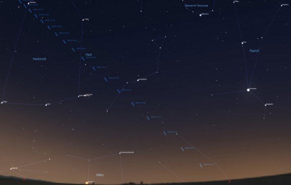 Na detailnější mapce vidíme polohu komety den po dni v souhvězdí hlavy Hada a Hadonoše. Jasný Arkturus z Pastýře je u pravého kraje mapky. Autor: Jakub Černý
