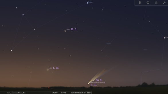 Kometa C/2023 A3 (Tsuchinshan-ATLAS) a Měsíc na ranní obloze 30. 9. a 1. 10. 2024. Schematická mapa podle Stellaria. Kometa ve skutečnosti není vidět očima a pouze za velmi dobrých podmínek triedrem její hlava. Kus ohonu lze zachytit fotograficky. Autor: Stellarium/Martin Gembec